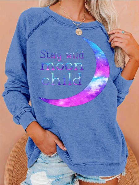 Womens Stay Wild Moon Child Print Crew Neck Sweatshirt, Hoodies&Sweatshirts, Lilicloth.com