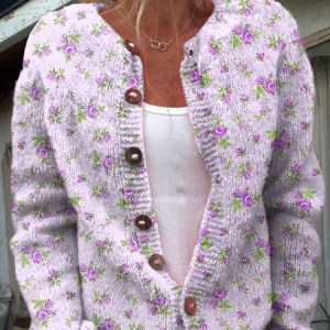 Women's Casual Floral Print Crewneck Knit Cardigan, Cardigans, Lilicloth.com