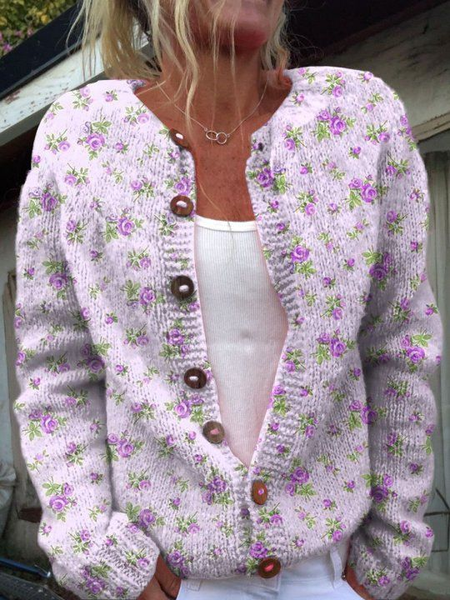 Women's Casual Floral Print Crewneck Knit Cardigan, Cardigans, Lilicloth.com