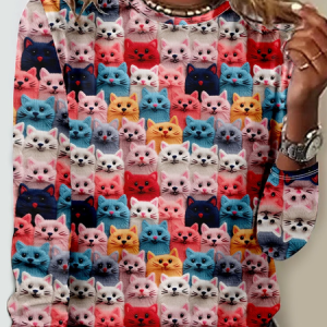 Funny Cat Casual Crew Neck 3D Printing Long Sleeve Shirt, Long sleeves, Lilicloth.com