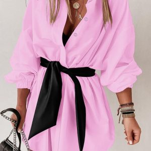 Turn-down Collar Long Sleeve Tied Detail Shirt Dress  Mini Dress with Belt, women Shirt Dresses, ChicMe catalog