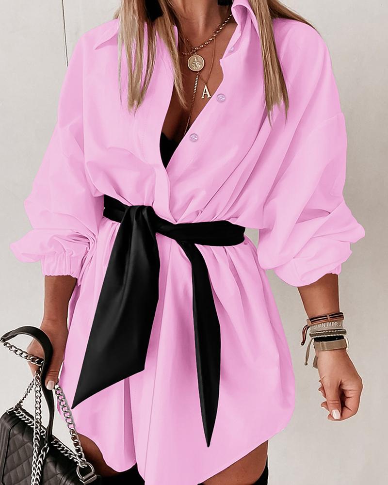 Turn-down Collar Long Sleeve Tie Waist Shirt Dress Casual Button Front Stretchy Cuffs Mini Dress with Belt, women Shirt Dresses, ChicMe catalog - Image 2