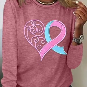 Pink Breast Cancer Heart Casual Long Sleeve Shirt, Long sleeves, Lilicloth.com