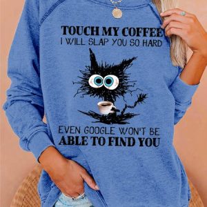Womens Funny Coffee Crazy Black Cat Crew Neck Sweatshirt, Hoodies&Sweatshirts, Lilicloth.com