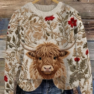 Women's Cute High-Low Denim Print Knitted Crew Neck Sweater, Sweaters, Lilicloth.com