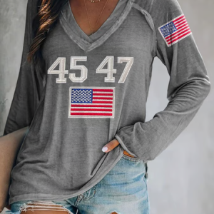 Women's Vintage 45 47 Print V Neck Raglan Sleeve Tee, Long sleeves, Lilicloth.com