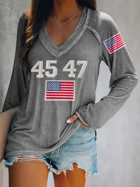 Women's Vintage 45 47 Print V Neck Raglan Sleeve Tee, Long sleeves, Lilicloth.com