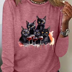 Cat Drinking Casual Long Sleeve Shirt, Long sleeves, Lilicloth.com