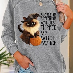 Women's Halloween Buckle Up Buttercup You Just Flipped My Witch Switch Print witch pumpkin Cat Casual Sweatshirt, Hoodies&Sweatshirts, Lilicloth.com