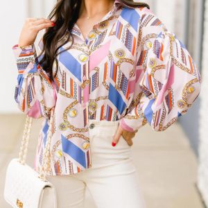 Baroque Pattern Turn-down Collar Long Sleeve Front Button Blouse Elegant Top, women Blouses & Shirts, ChicMe catalog