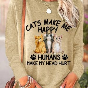Cats Make Me Happy Humans Make My Head Hurt Women's Long Sleeve T-Shirt, Long sleeves, Lilicloth.com