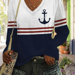 Anchor color blocked casual long sleeved T-shirt, Long sleeves, Lilicloth.com