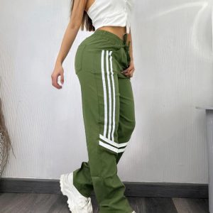 Colorblock Striped Print Pocket Design Cargo Pants Casual Strechy Waist Drawstring Loose Fit Pants, women Pants, ChicMe catalog