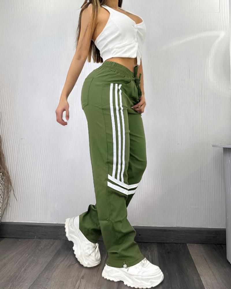 Colorblock Striped Print Pocket Design Cargo Pants Casual Strechy Waist Drawstring Loose Fit Pants, women Pants, ChicMe catalog