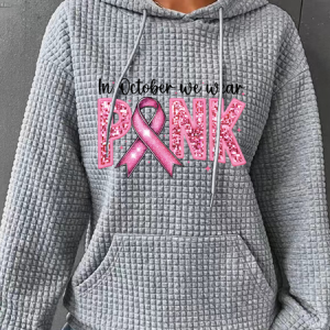 In October We Wear Pink Embroidery Breast Cancer Awareness Simple Loose Hoodie, Hoodies&Sweatshirts, Lilicloth.com