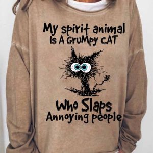 Women Funny Cat My Spirit Animal Is A Grumpy Cat Who Slaps Annoying People Loose Simple Sweatshirt, Hoodies&Sweatshirts, Lilicloth.com