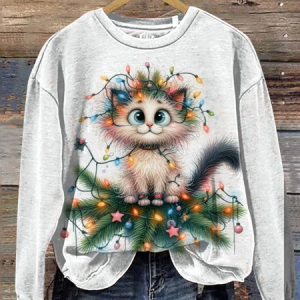 Christmas Cat Art Print Casaul Sweatshirt, Hoodies&Sweatshirts, Lilicloth.com