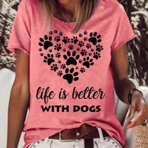 Women's Life Is Better With Dogs Funny Graphic Print Casual Cotton-Blend Dog Loose T-Shirt, T-shirts, Lilicloth.com