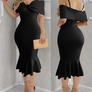 Off Shoulder Spaghetti Strap Fishtail Mid-Calf Bodycon Bowknot Design Elegant Dress, women Midi Dresses, ChicMe catalog