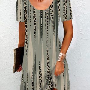 Women Leopard Crew Neck Short Sleeve Comfy Casual Mini Dress, Short, color:Gray|size:XXL, catalog Noracora shop