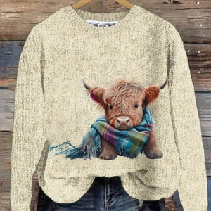 Highland Cow Print Casual Sweatshirt, Sweaters, Lilicloth.com
