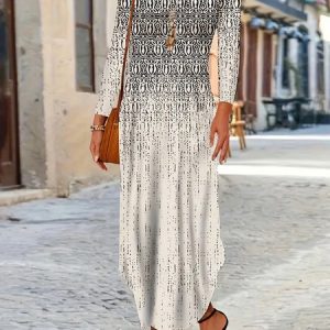 Plaid Abstract Print Long-Sleeved Crew Neck Midi Dress, Dresses, Lilicloth.com