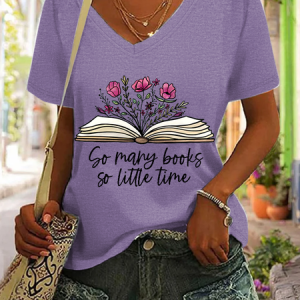 Women's Funny Word So Many Books So Little Time V Neck Casual Loose Cat T-Shirt, T-shirts, Lilicloth.com