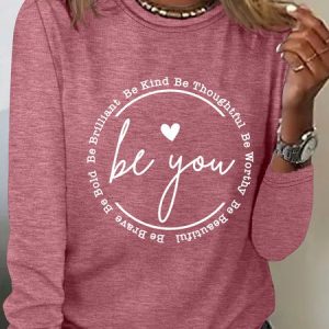 Women's Be You Crew Neck Cotton-Blend Simple Long Sleeve Top, Long sleeves, Lilicloth.com