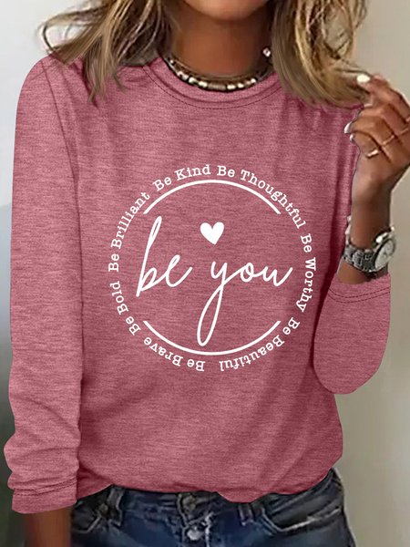 Women's Be You Crew Neck Cotton-Blend Simple Long Sleeve Top, Long sleeves, Lilicloth.com