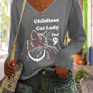 Childless Cat Lady Casual V-Neck Long Sleeve Shirt, Long sleeves, Lilicloth.com