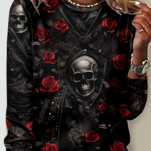 Crew Neck Casual Skull 3D Printing Long Sleeve Shirt, Long sleeves, Lilicloth.com