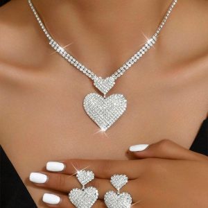 2 Pieces Heart Pattern Rhinestone Necklace and Sparky Drop Earrings Jewellery Set for Valentine's Day Wedding Gifts, women Necklace & Pendant, ChicMe catalog