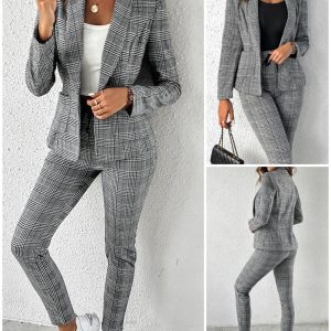 2 Piece Blazer Notched Collar Plaid Print Coat Drawstring Pants Set with Pockets Casual Suits, women blazer set, ChicMe catalog