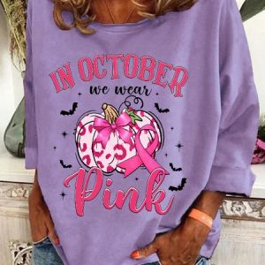 In October We Wear Pink Retro Breast Cancer Pumpkin Breast Cancer Awareness Casual Sweatshirt, Hoodies&Sweatshirts, Lilicloth.com