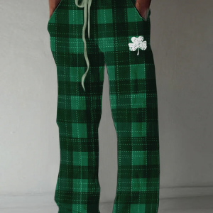 St. Patrick's Day Shamrock Check Print Cotton And Linen Blend Lounge Pants, Pants, Lilicloth.com