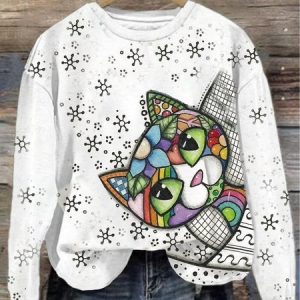 Women's Crew Neck Cat Casual Spring/Fall Cotton Long Sleeve Sweatshirt, JustFashionNow Sweatshirts & Hoodies, color:White|size:5XL,