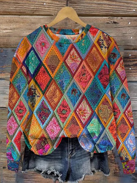 Retro angular grid floral round neck pullover sweatshirt, Hoodies&Sweatshirts, Lilicloth.com