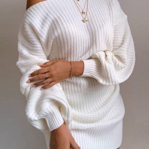 Skew Neck Lantern Long Sleeve Knit Dress Pullover Casual Sweater Dress, women Long Sleeves Dresses, ChicMe catalog