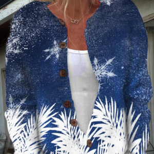 Women Snowflake Christmas Casual Crew Neck Cardigan, Cardigans, Lilicloth.com