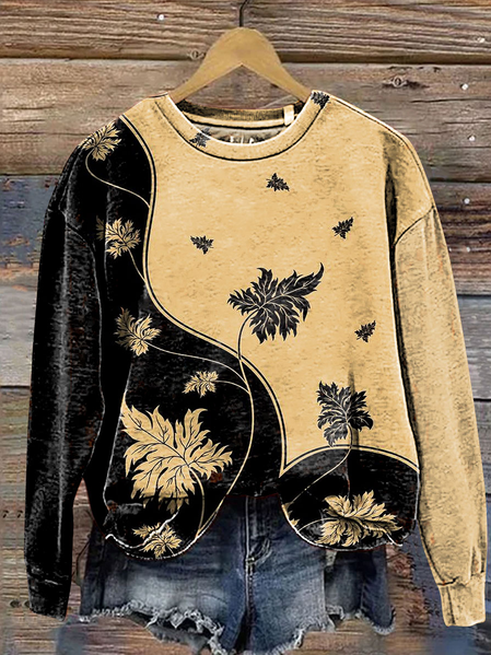 Women's Crew Neck Leaf Casual Spring/Fall Long Sleeve Floral Sweatshirt, JustFashionNow Sweatshirts & Hoodies, color:Yellow|size:XXL,