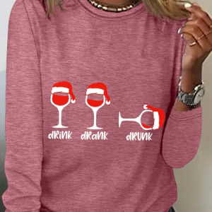 Christmas Wine Glasses Casual Long Sleeve Shirt, Long sleeves, Lilicloth.com