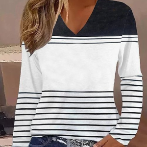 Casual Striped V Neck Long Sleeve T-shirt, T-shirts, color:As Picture|size:XXL, catalog Noracora shop