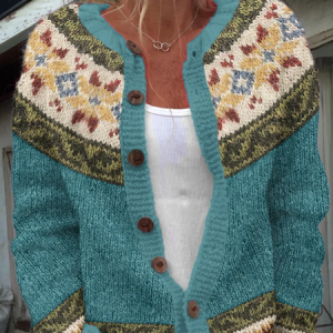 Women's Retro Ethnic Geometric Print Knitted Cardigan, Cardigans, Lilicloth.com