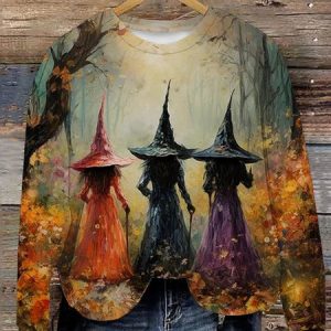 Halloween Witch Print Round Neck Sweatshirt, Hoodies&Sweatshirts, Lilicloth.com