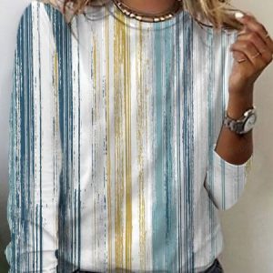Striped Print Crew Neck T-shirt, Long sleeves, Lilicloth.com