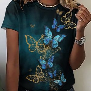 Women's Golden Butterfly Art Printing Loose Casual Crew Neck T-Shirt, T-shirts, Lilicloth.com
