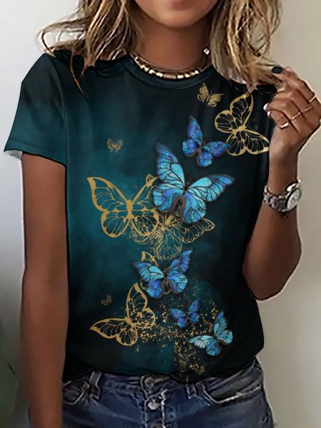 Women's Golden Butterfly Art Printing Loose Casual Crew Neck T-Shirt, T-shirts, Lilicloth.com