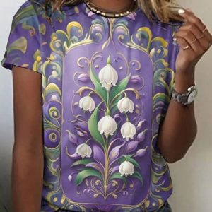 Casual Floral Art Print Crew Neck Short Sleeve T-shirt, T-shirts, color:Purple|size:4XL, catalog Noracora shop