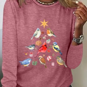 Christmas Birds Bird Lover Cardinal Casual Long Sleeve Shirt, Long sleeves, Lilicloth.com