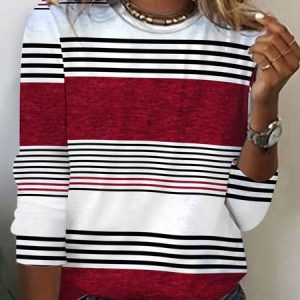 Striped Crew Neck Casual Crew Neck T-Shirt, Long sleeves, Lilicloth.com